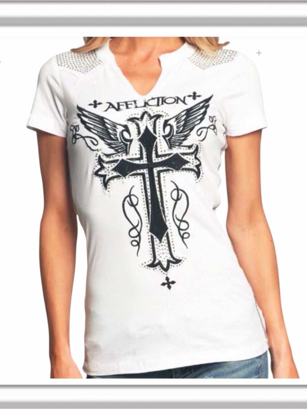 Affliction Women’s White Short Sleeve Fitted T-Shirt Size Large Cross Wings